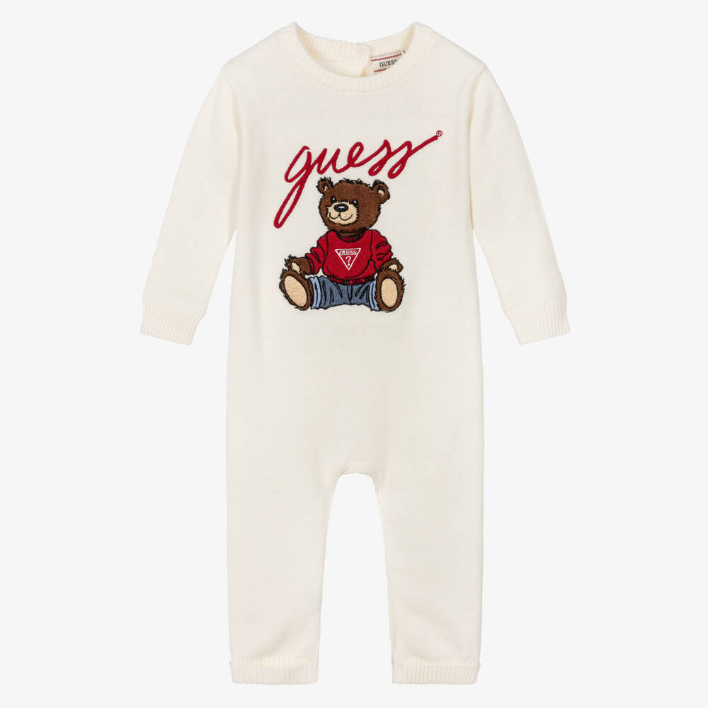 Guess-Knitted Ivory Cotton Teddy Bear Baby Romper | Childrensalon