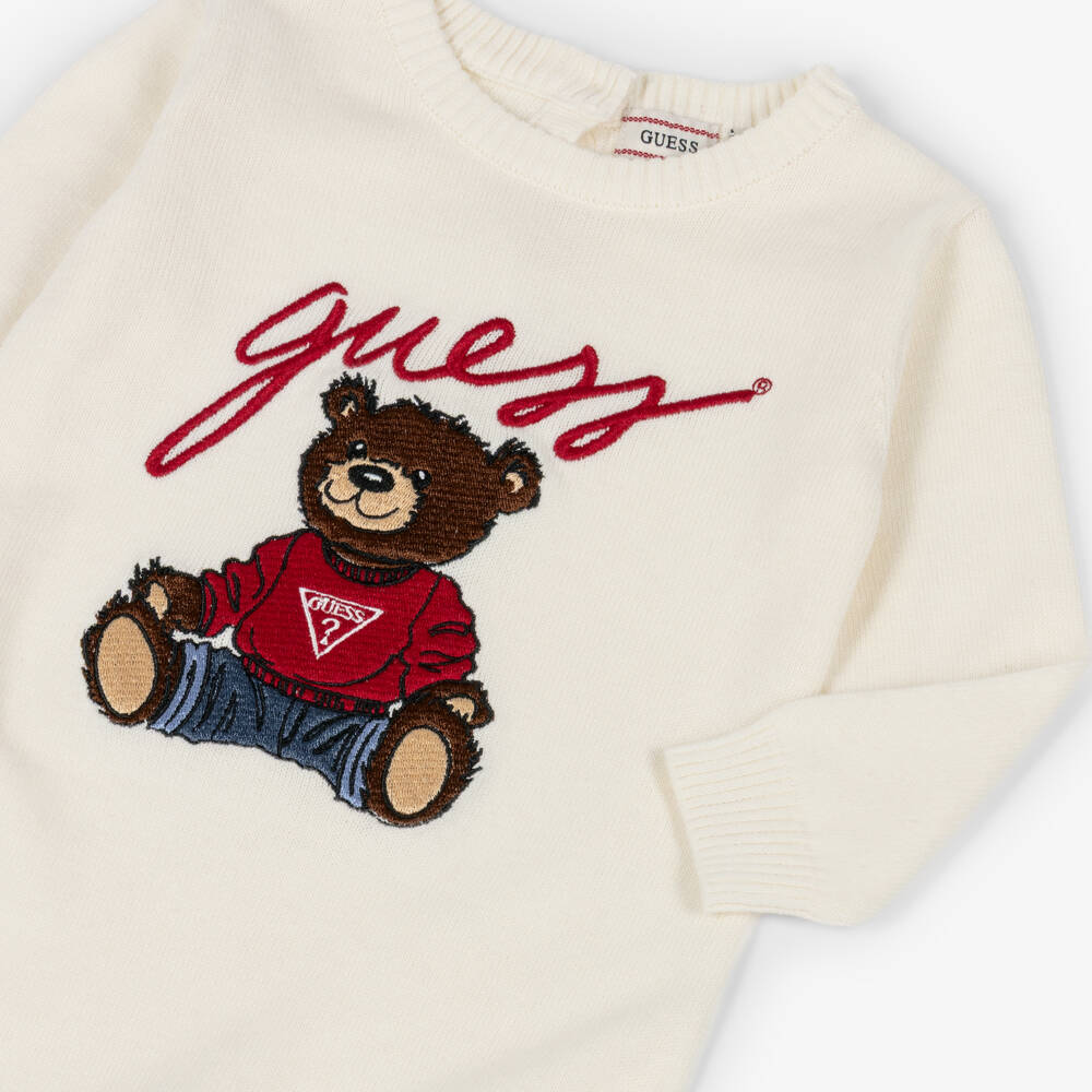 Guess-Knitted Ivory Cotton Teddy Bear Baby Romper | Childrensalon