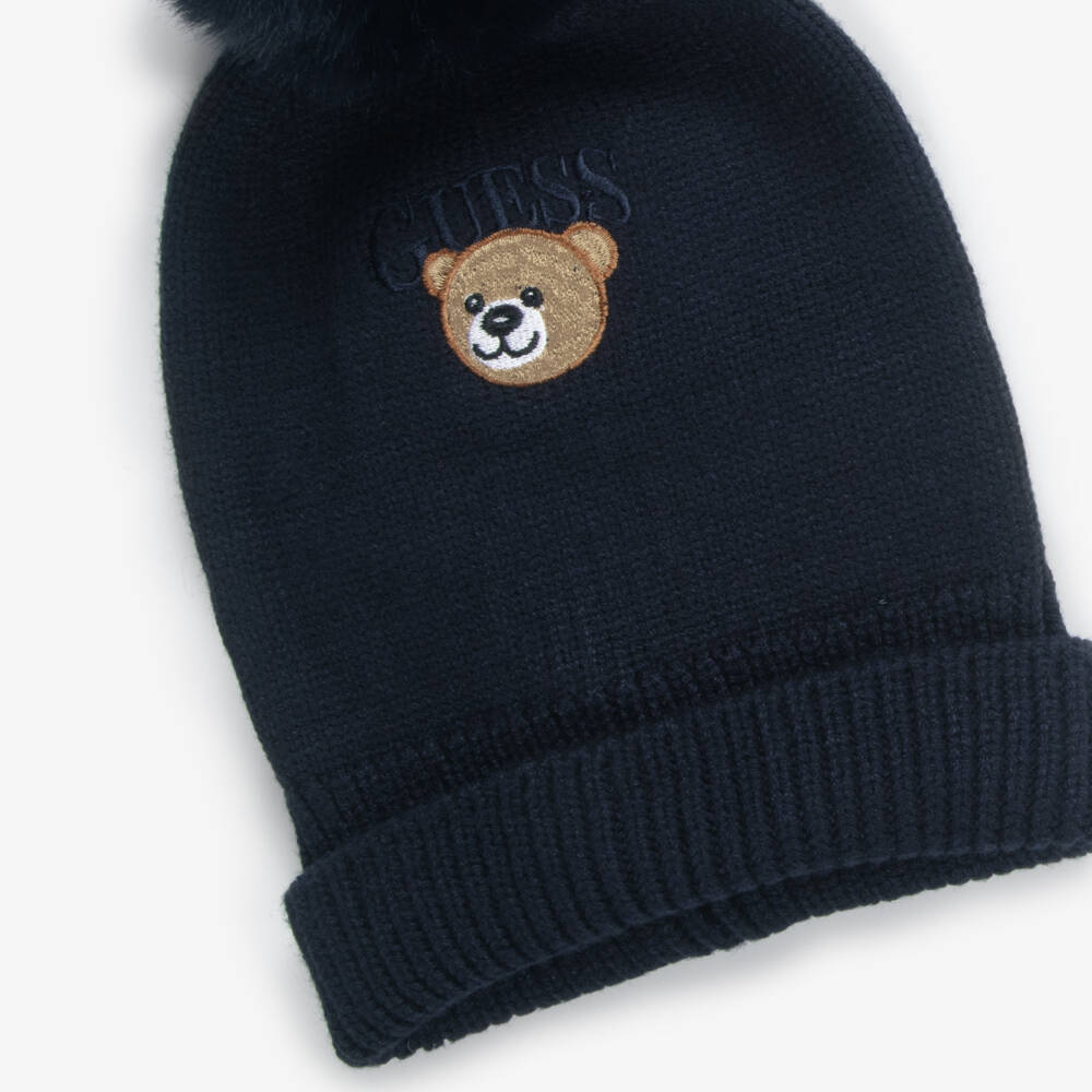 Guess-Knitted Teddy Hat in Navy Blue | Childrensalon