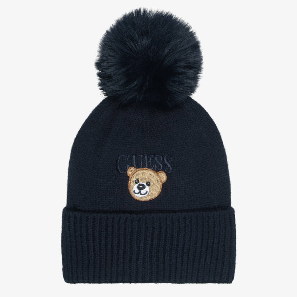 Guess-Knitted Teddy Hat in Navy Blue | Childrensalon