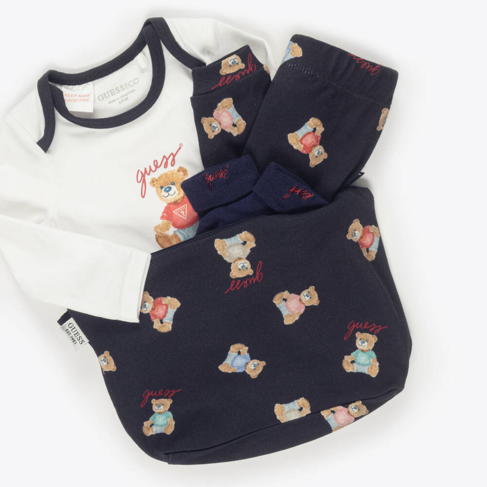 Guess-Navy Blue Cotton Baby Trouser Set with Teddy Prints | Childrensalon
