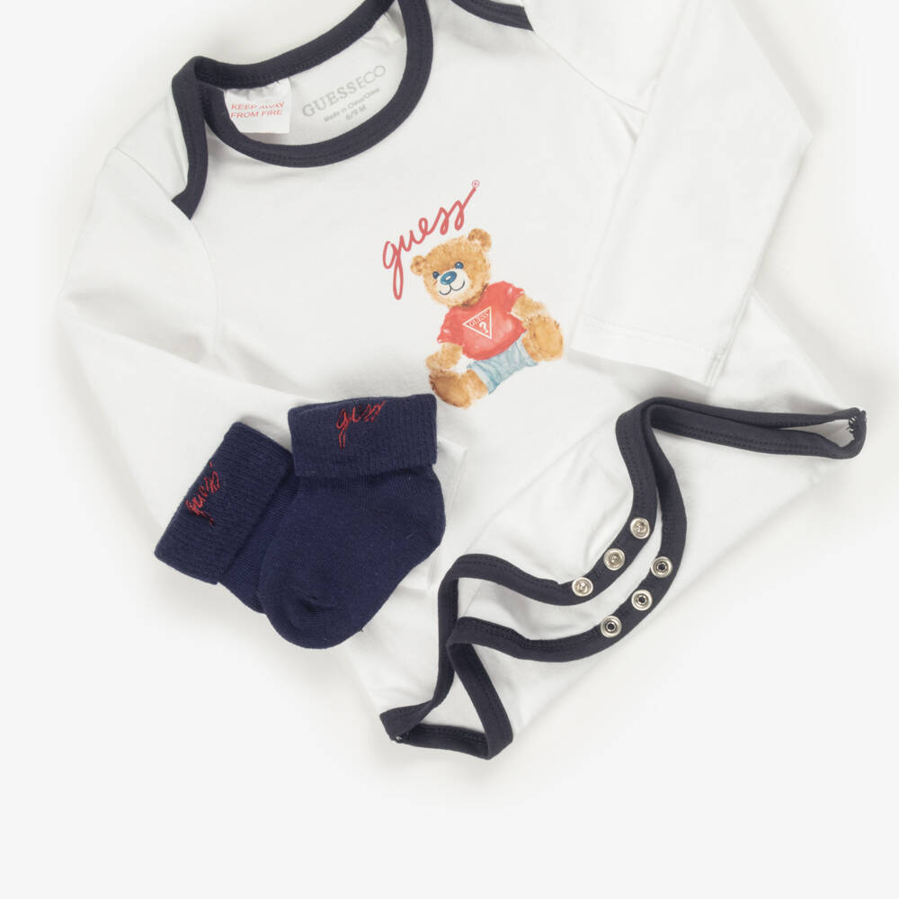 Guess-Navy Blue Cotton Baby Trouser Set with Teddy Prints | Childrensalon