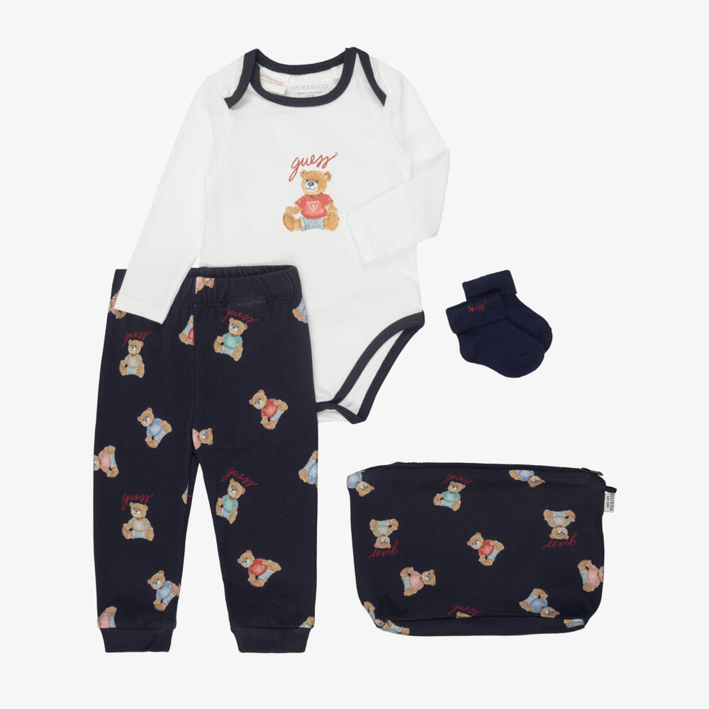 Guess-Navy Blue Cotton Baby Trouser Set with Teddy Prints | Childrensalon