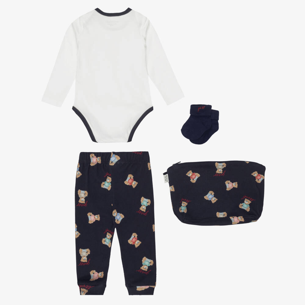 Guess-Navy Blue Cotton Baby Trouser Set with Teddy Prints | Childrensalon