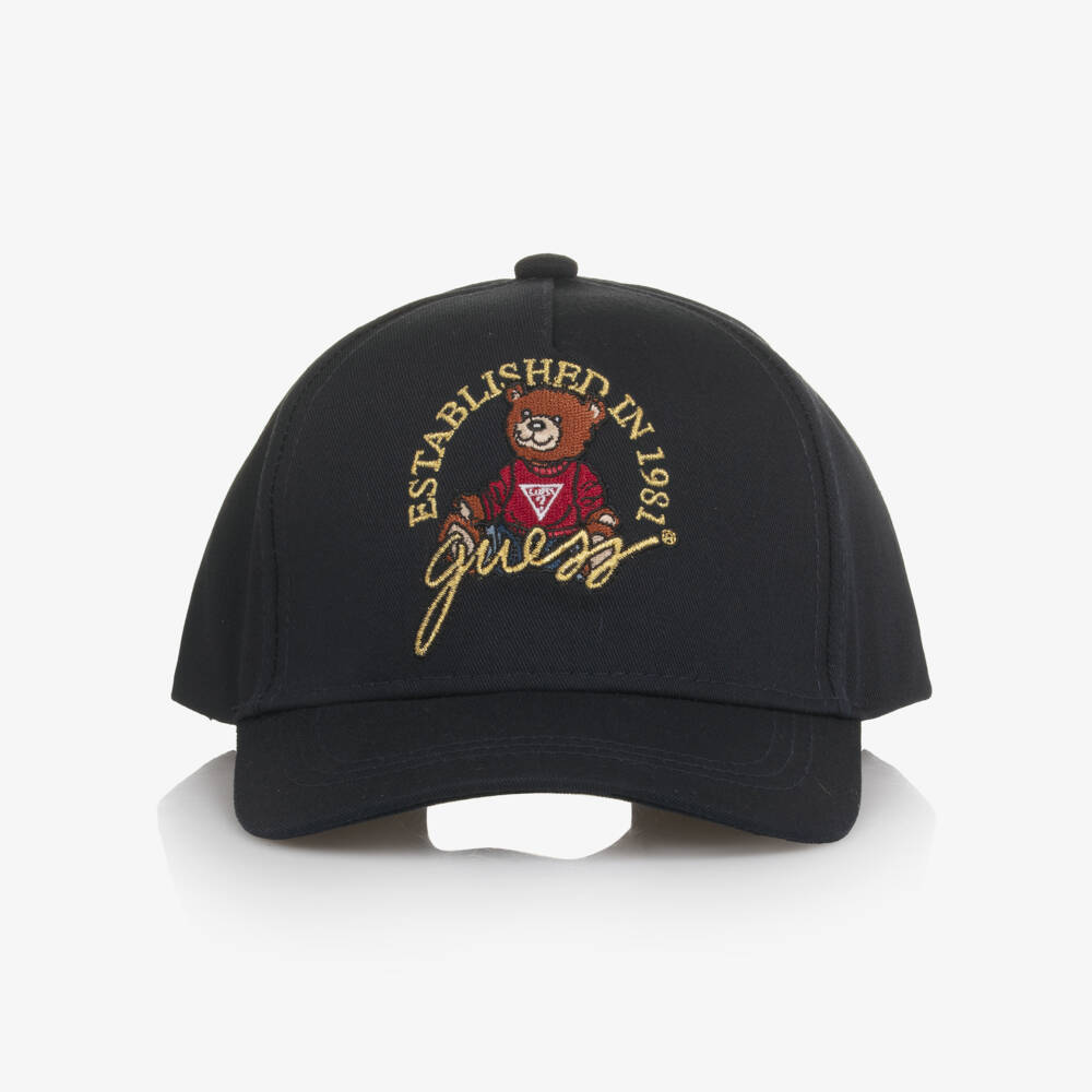 Guess-Navy Blue Cotton Cap with Embroidered Teddy Bear Logo | Childrensalon