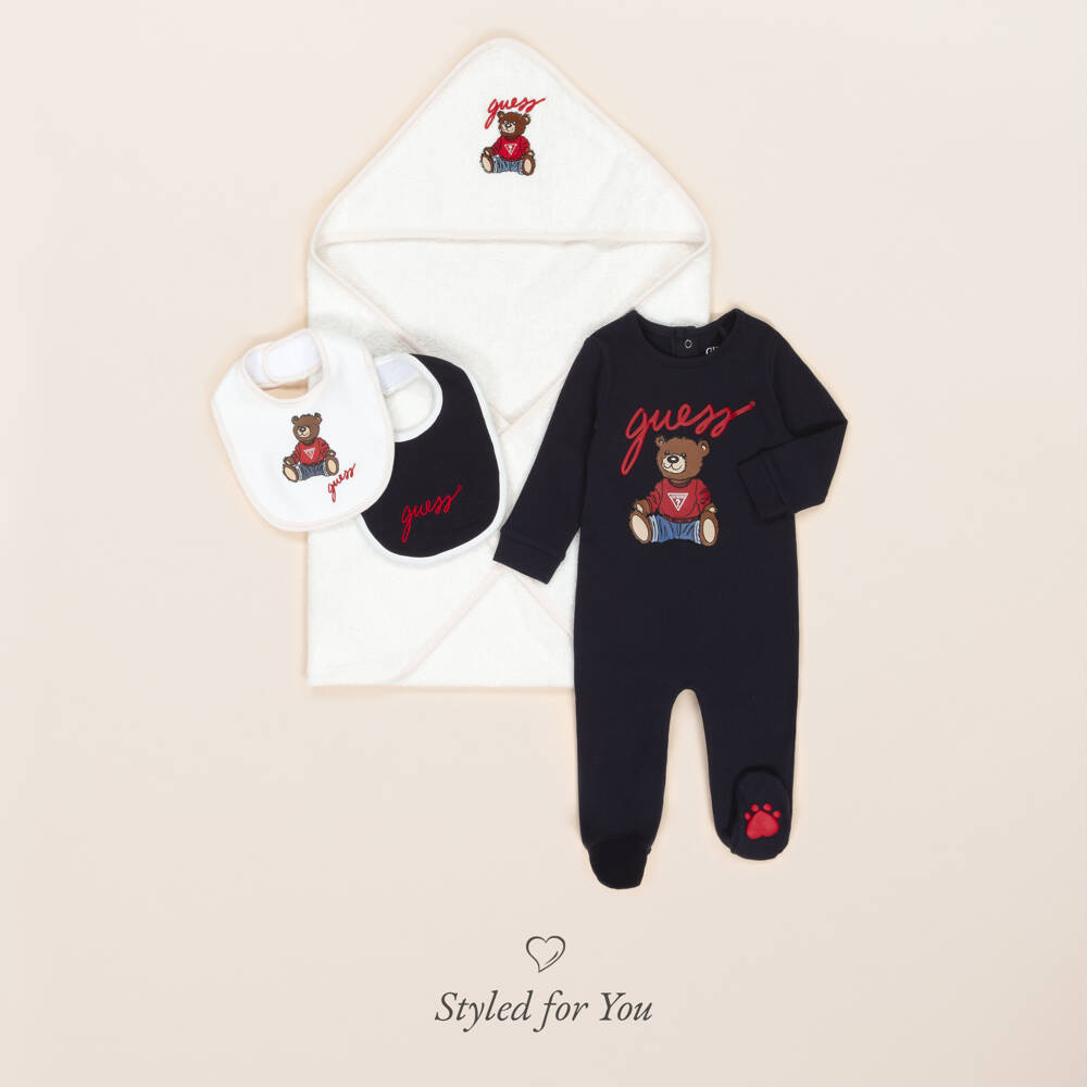 Guess-Navy Blue & White Cotton Jersey Bibs (2 Pack) | Childrensalon