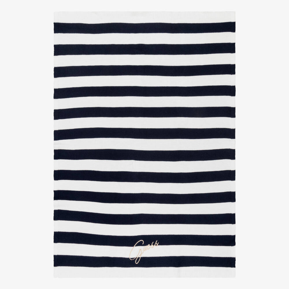 Guess-Navy Blue & White Stripe Cotton Knit Blanket (110cm) | Childrensalon