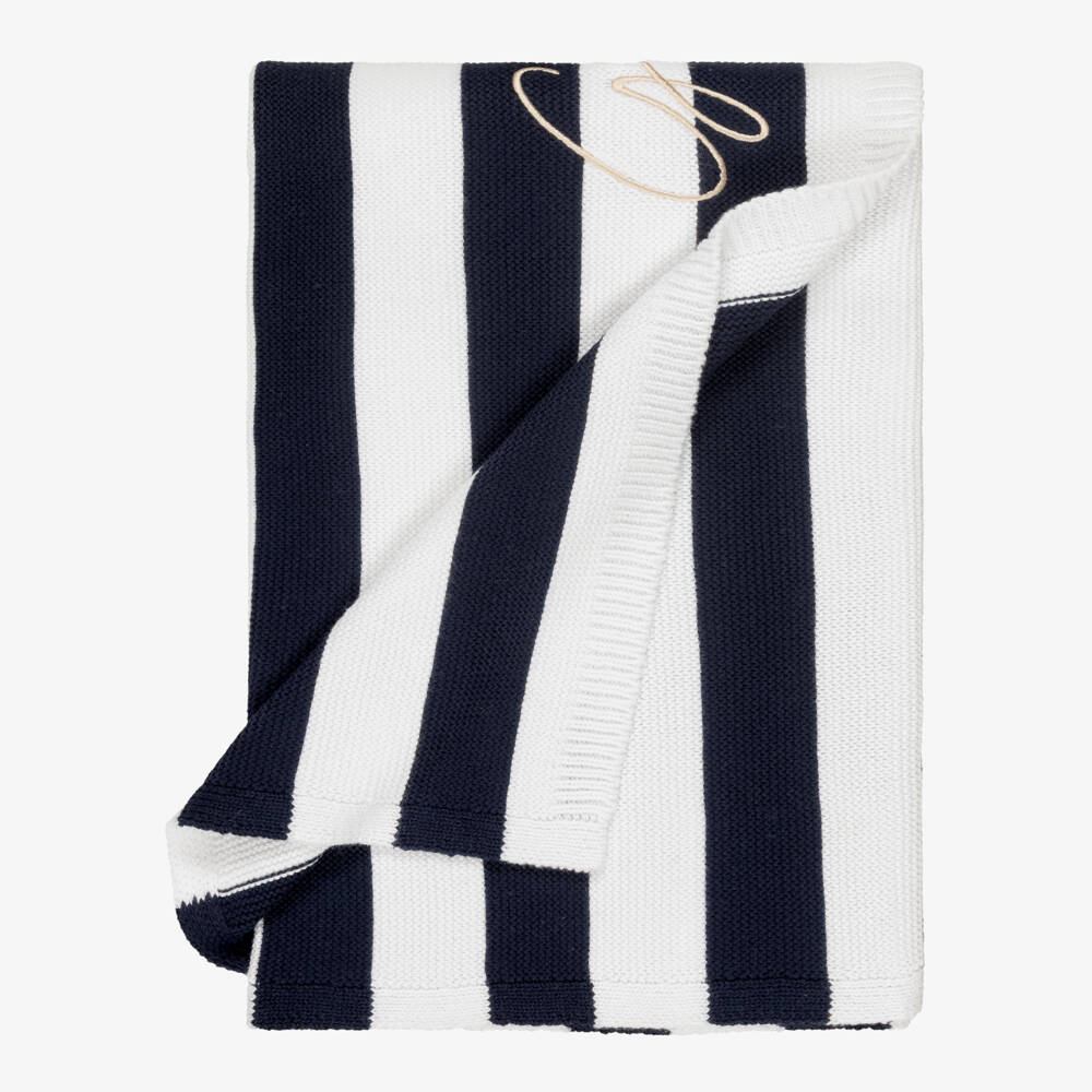 Guess-Navy Blue & White Stripe Cotton Knit Blanket (110cm) | Childrensalon