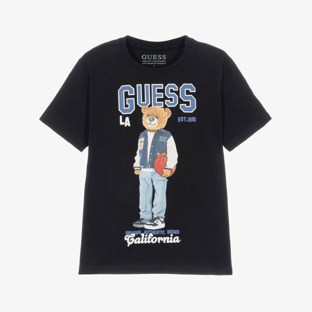 Guess-Older Boys Black Cotton Varsity Bear T-Shirt | Childrensalon