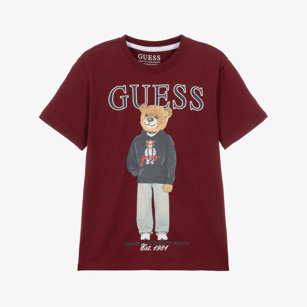 Guess-Older Boys Burgundy Cotton Varsity Bear T-Shirt | Childrensalon