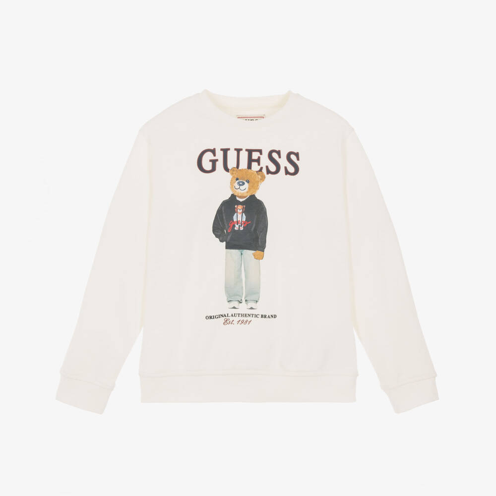 Guess-Older Boys Ivory Sweatshirt with Varsity Bear Print | Childrensalon
