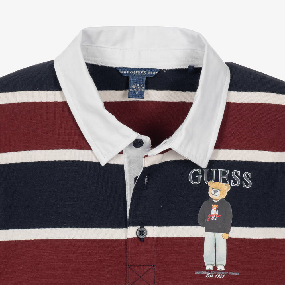 Guess-Older Boys Long Sleeved Polo Shirt with Burgundy Stripes | Childrensalon