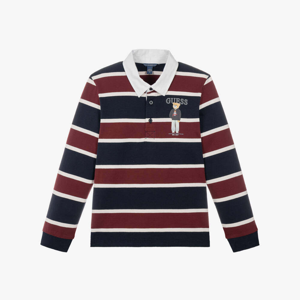 Guess-Older Boys Long Sleeved Polo Shirt with Burgundy Stripes | Childrensalon