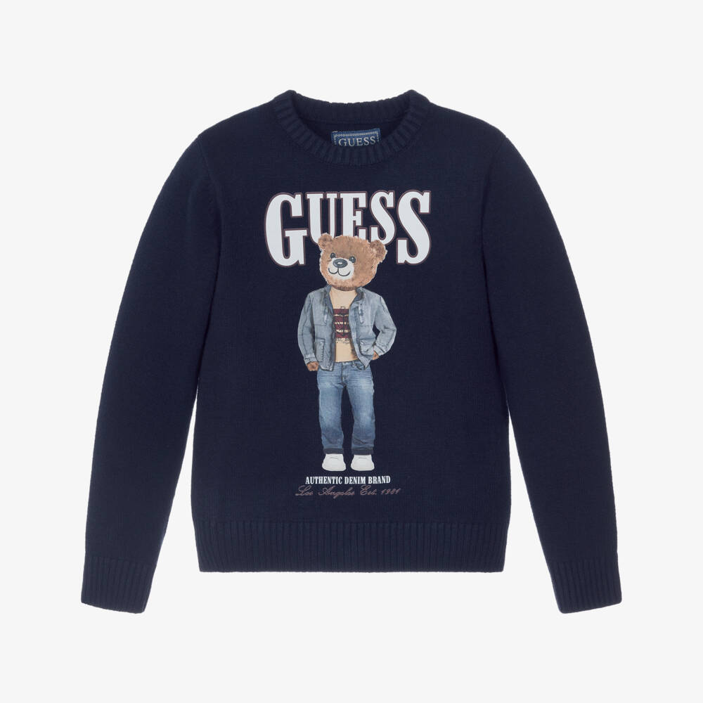 Guess-Older Boys Navy Blue Knitted Teddy Bear Motif Sweater | Childrensalon