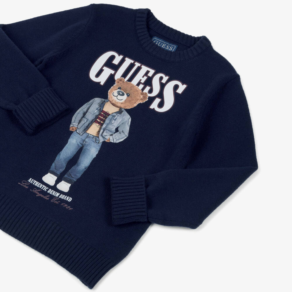 Guess-Older Boys Navy Blue Knitted Teddy Bear Motif Sweater | Childrensalon