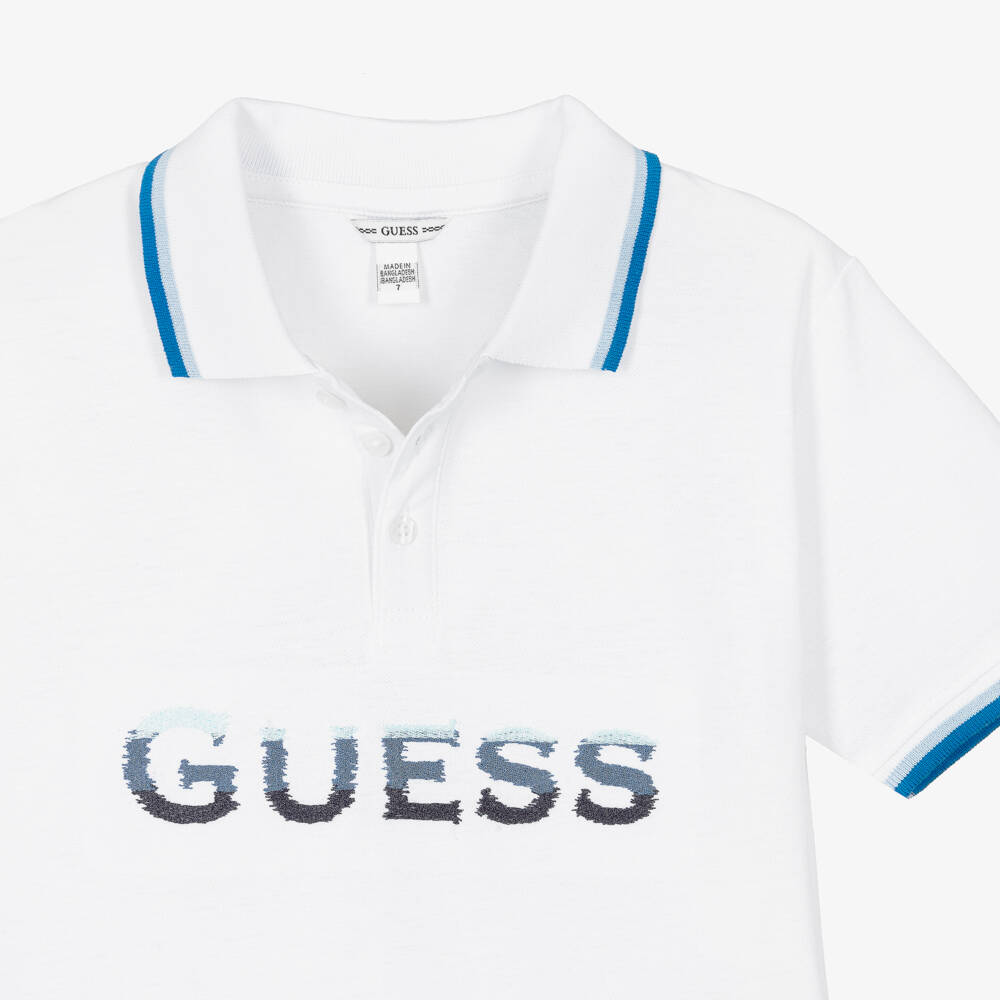 Guess-Older Boys White Cotton Polo Shirt with Embroidered Blue Logo | Childrensalon