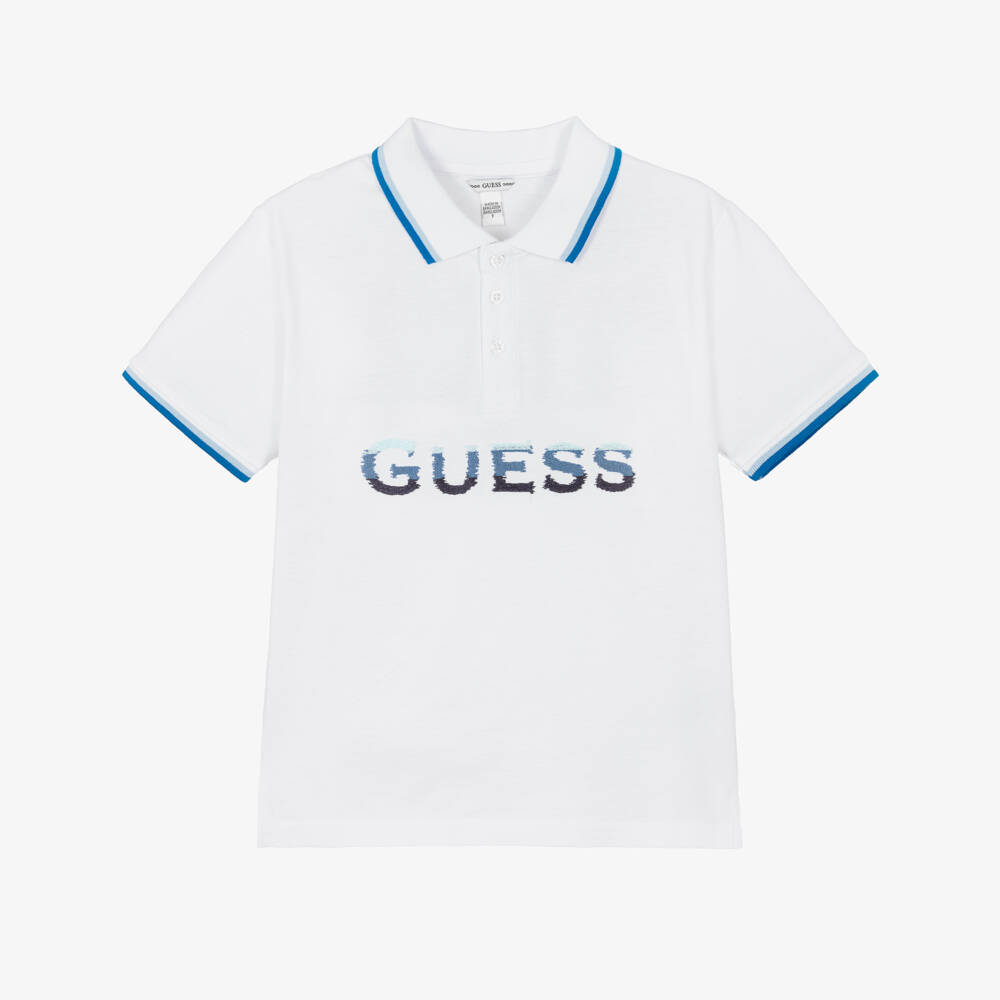 Guess-Older Boys White Cotton Polo Shirt with Embroidered Blue Logo | Childrensalon