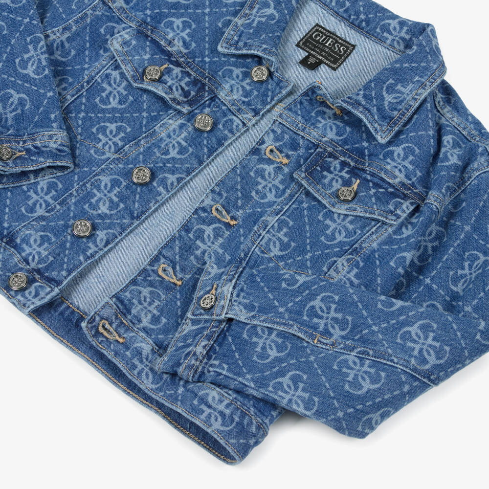 Guess-Older Girls Blue 4G Logo Pattern Denim Jacket  | Childrensalon