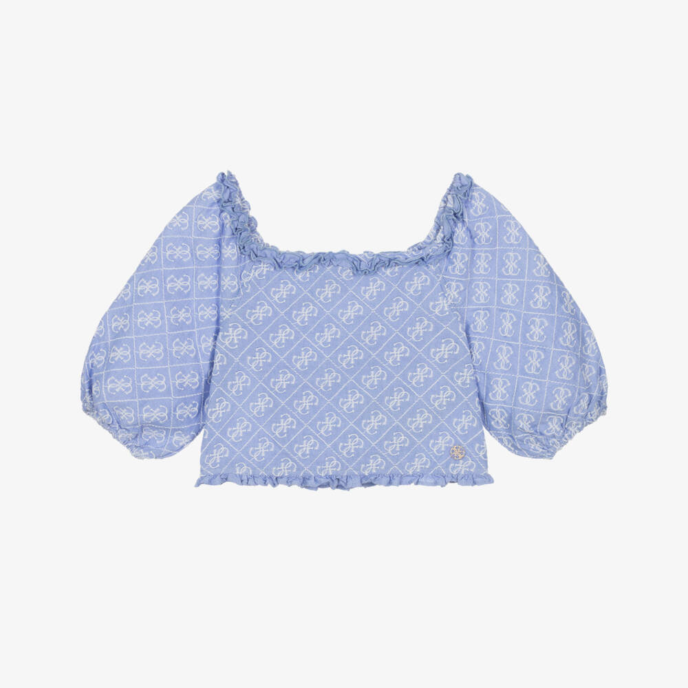 Guess-Older Girls Blue Cotton Embroidered 4g Logo Blouse | Childrensalon