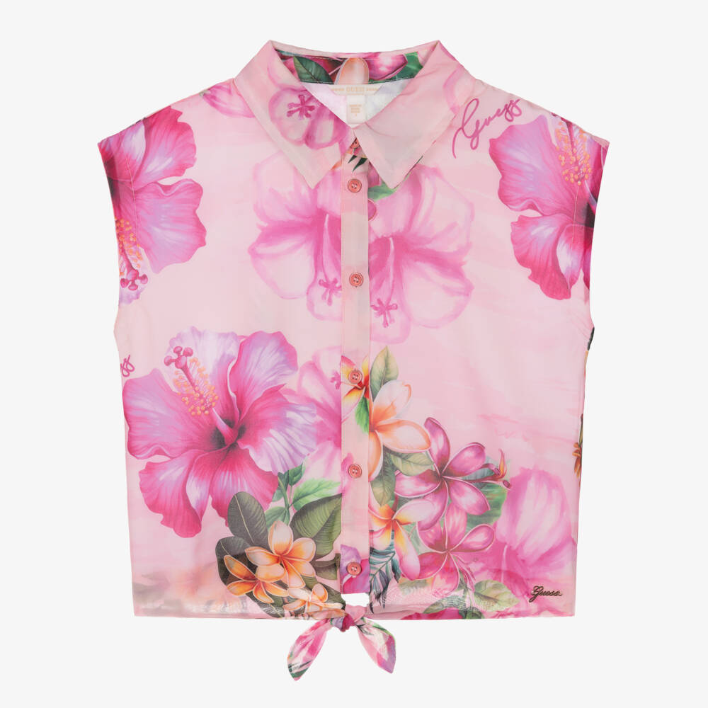 Guess-Older Girls Pink Chiffon Blouse with Hibiscus & Logo Print | Childrensalon