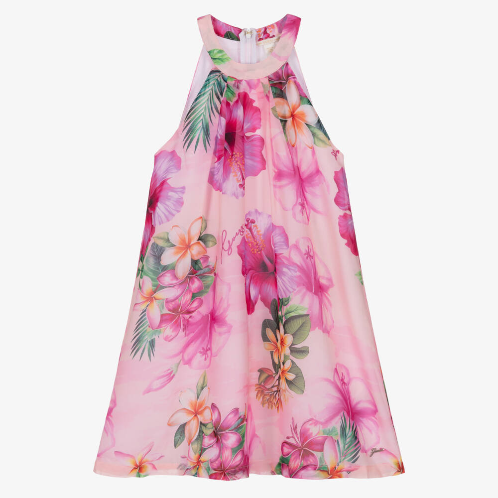 Guess-Older Girls Pink Chiffon Dress with Hibiscus & Logo Print | Childrensalon