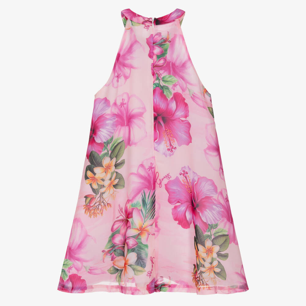 Guess-Older Girls Pink Chiffon Dress with Hibiscus & Logo Print | Childrensalon