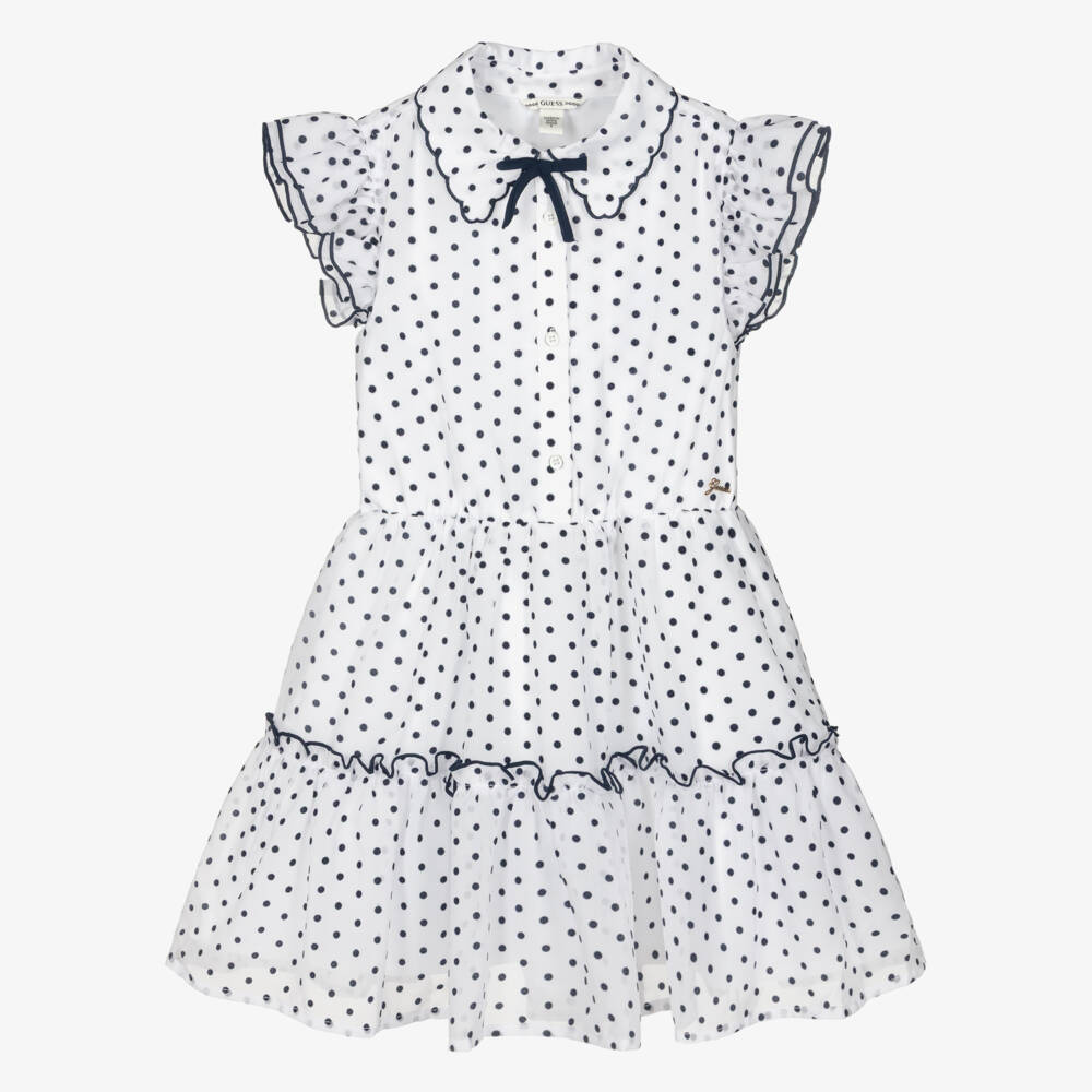 Guess-Older Girls White Chiffon Dress with Navy Blue Polka Dots  | Childrensalon