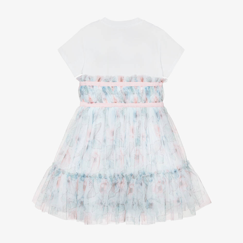 Guess-فستان تول بتصميم فراشات لون أبيض وأزرق للبنات | Childrensalon