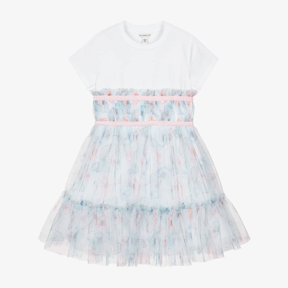 Guess-Older Girls White Jersey & Blue Butterfly Tulle Dress | Childrensalon