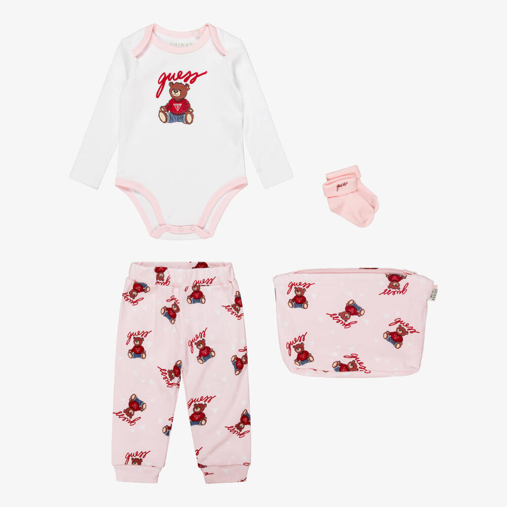 Guess-Pink Cotton Baby Trouser Set with Teddy Bear Pattern | Childrensalon