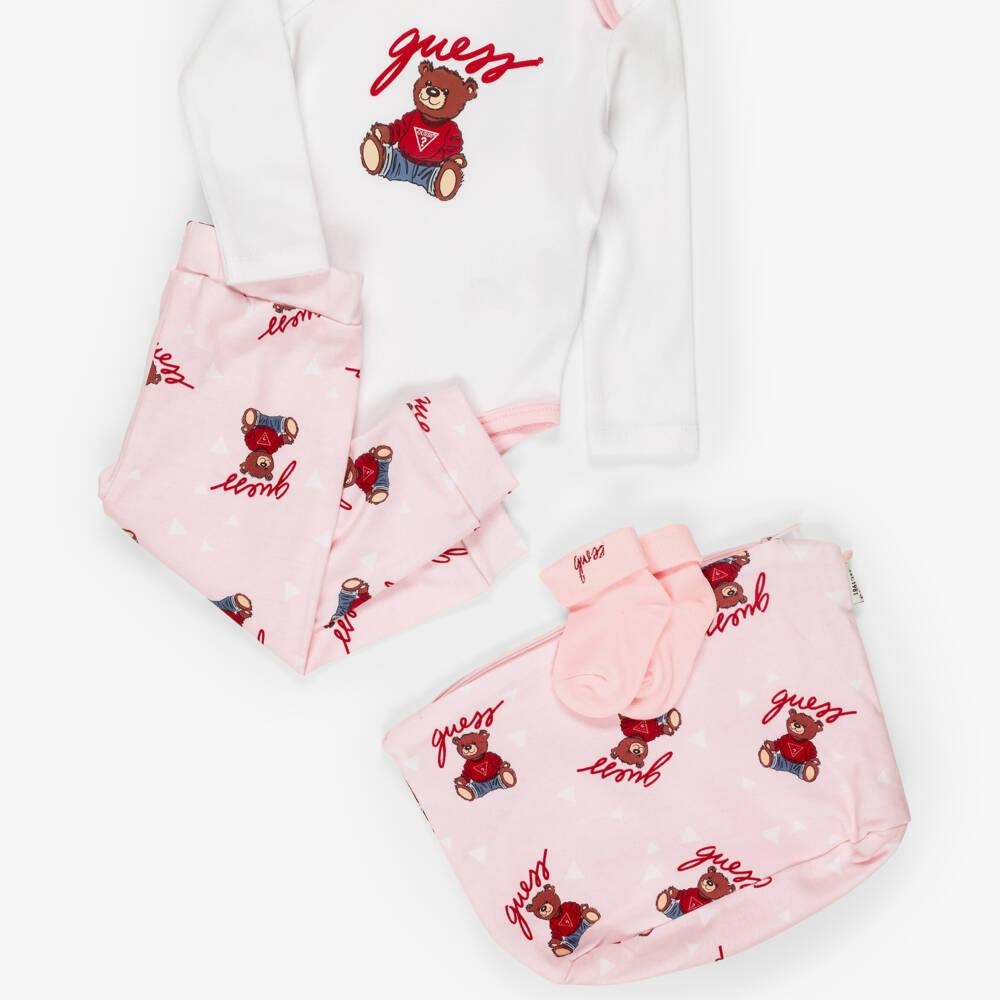 Guess-Pink Cotton Baby Trouser Set with Teddy Bear Pattern | Childrensalon