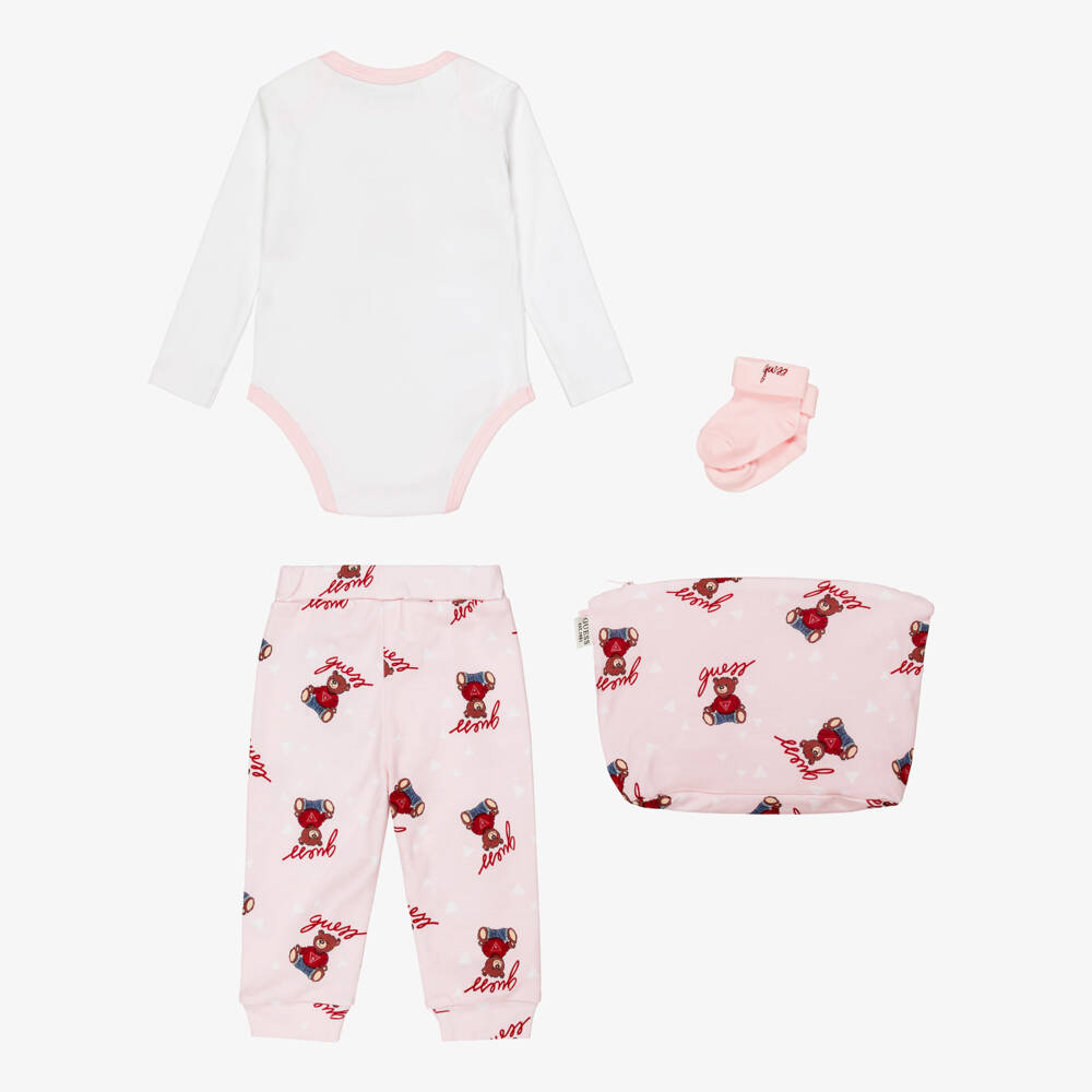 Guess-Pink Cotton Baby Trouser Set with Teddy Bear Pattern | Childrensalon