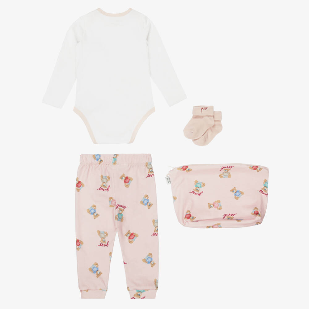 Guess-Pink Cotton Baby Trouser Set with Teddy Prints | Childrensalon