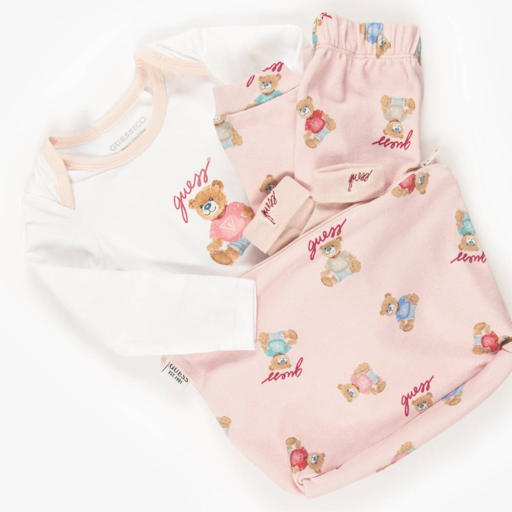 Guess-Pink Cotton Baby Trouser Set with Teddy Prints | Childrensalon