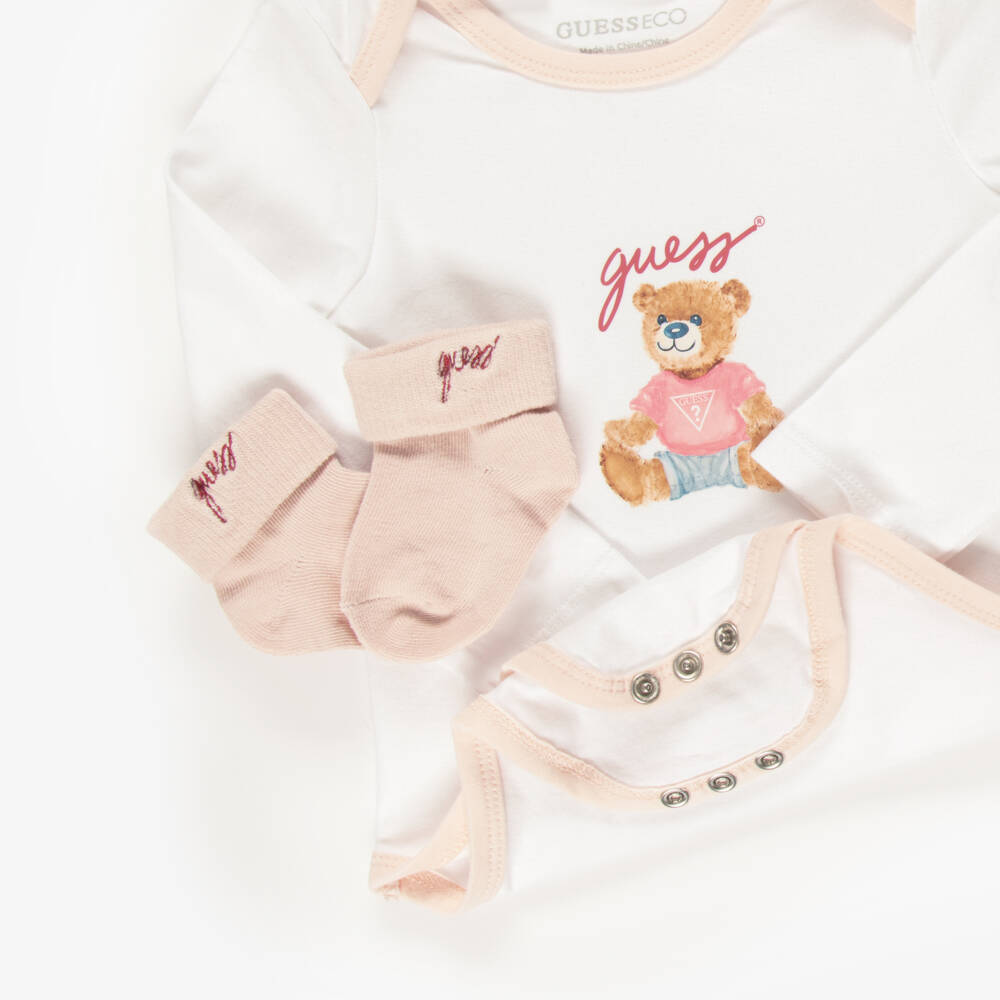 Guess-Pink Cotton Baby Trouser Set with Teddy Prints | Childrensalon
