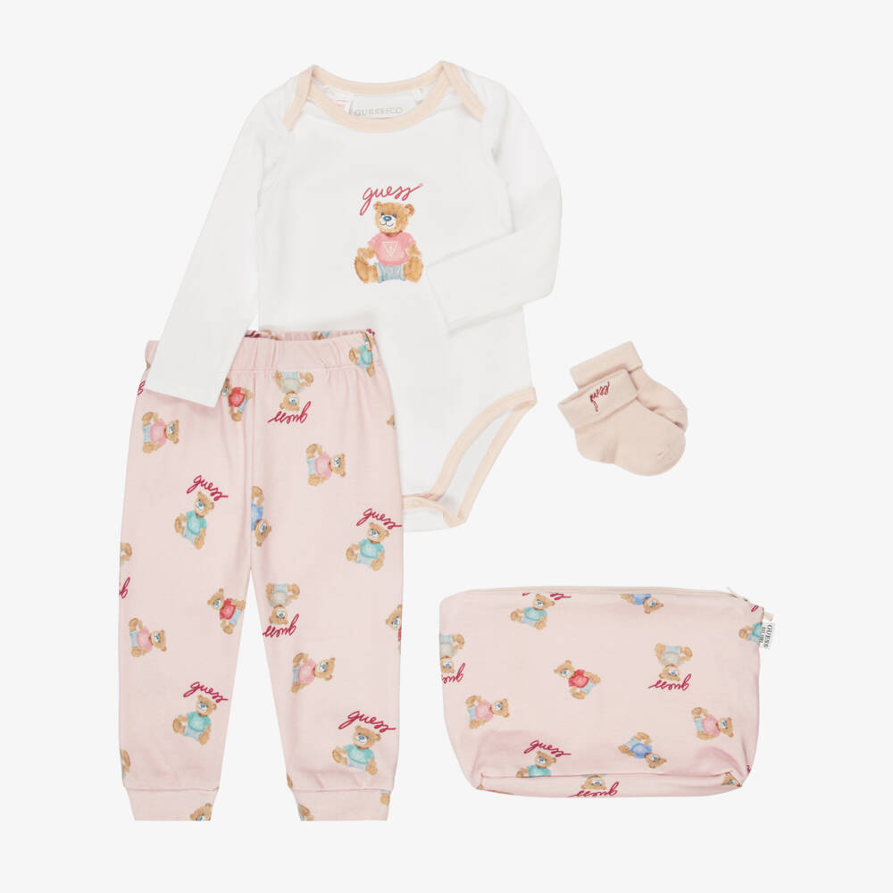 Guess-Pink Cotton Baby Trouser Set with Teddy Prints | Childrensalon