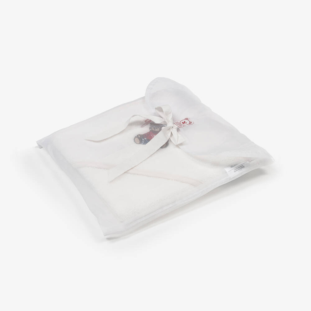 Guess-White Cotton Hooded Towel with Teddy Logo (70cm) | Childrensalon