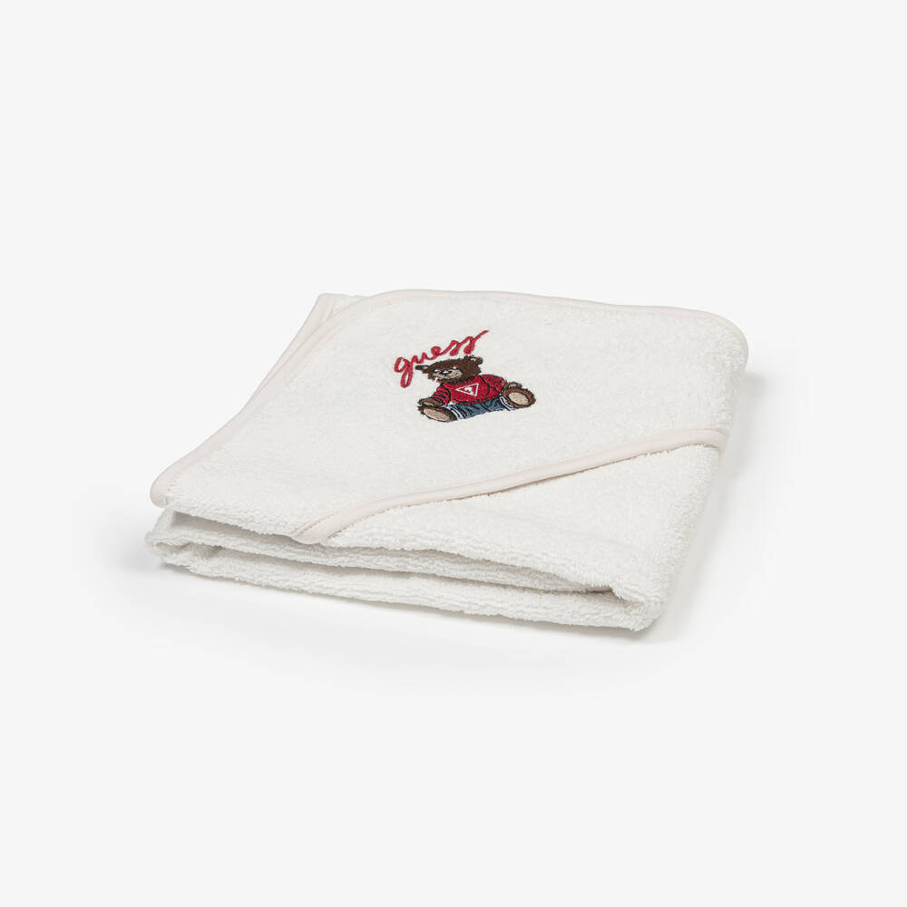 Guess-White Cotton Hooded Towel with Teddy Logo (70cm) | Childrensalon