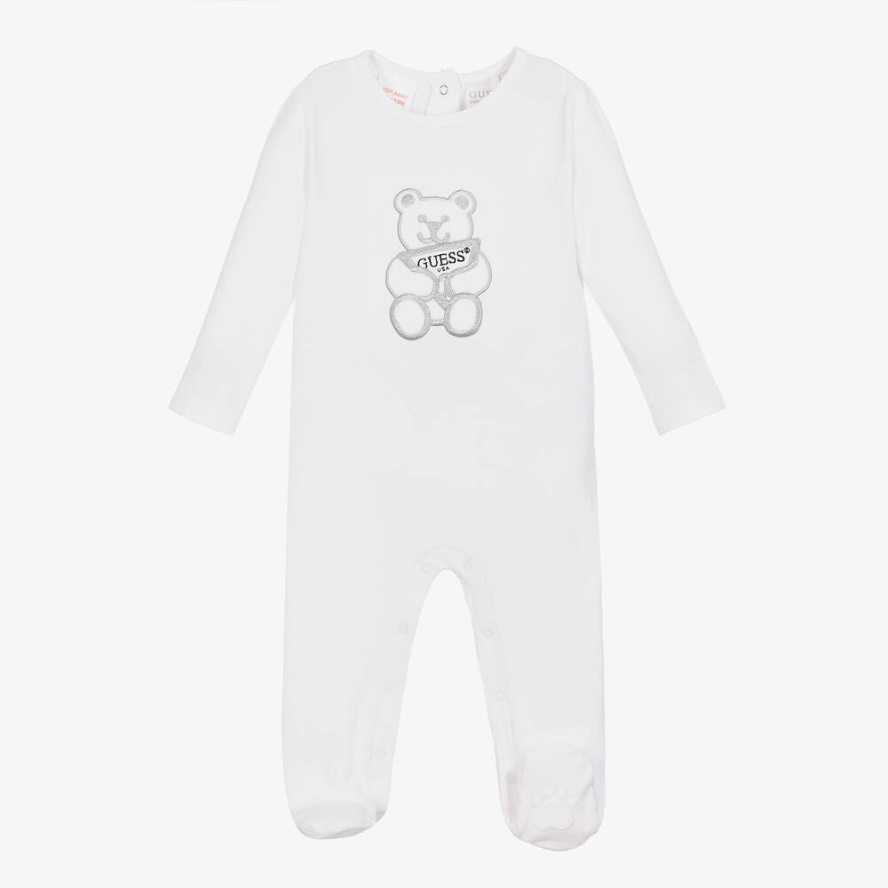 Guess-White Embroidered Cotton Bear Babygrow | Childrensalon