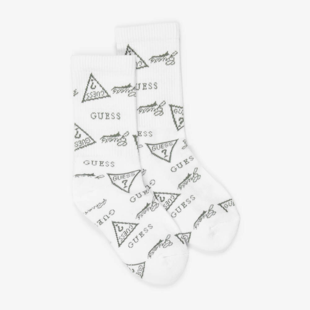 Guess-White Knitted Socks with Logo Graphics | Childrensalon