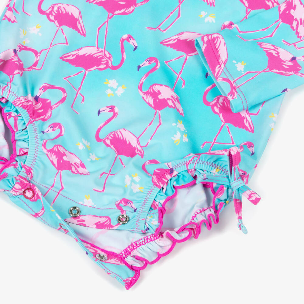 Hatley-Baby Girls Blue Long-Sleeved Flamingos Swimsuit (UPF50+) | Childrensalon