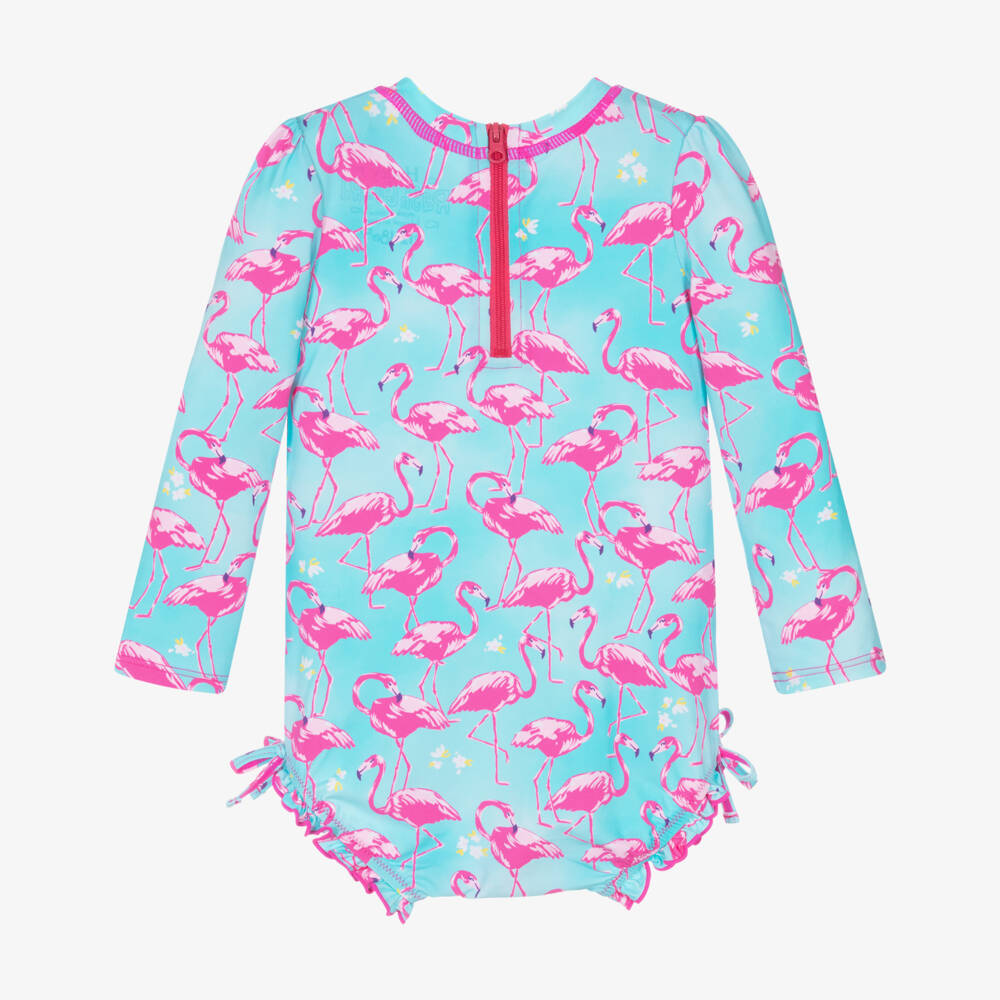 Hatley-Baby Girls Blue Long-Sleeved Flamingos Swimsuit (UPF50+) | Childrensalon