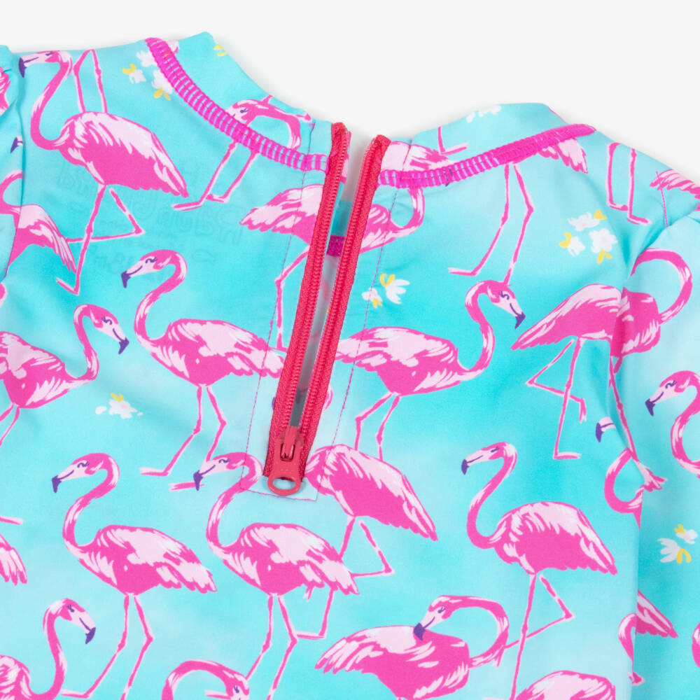 Hatley-Baby Girls Blue Long-Sleeved Flamingos Swimsuit (UPF50+) | Childrensalon