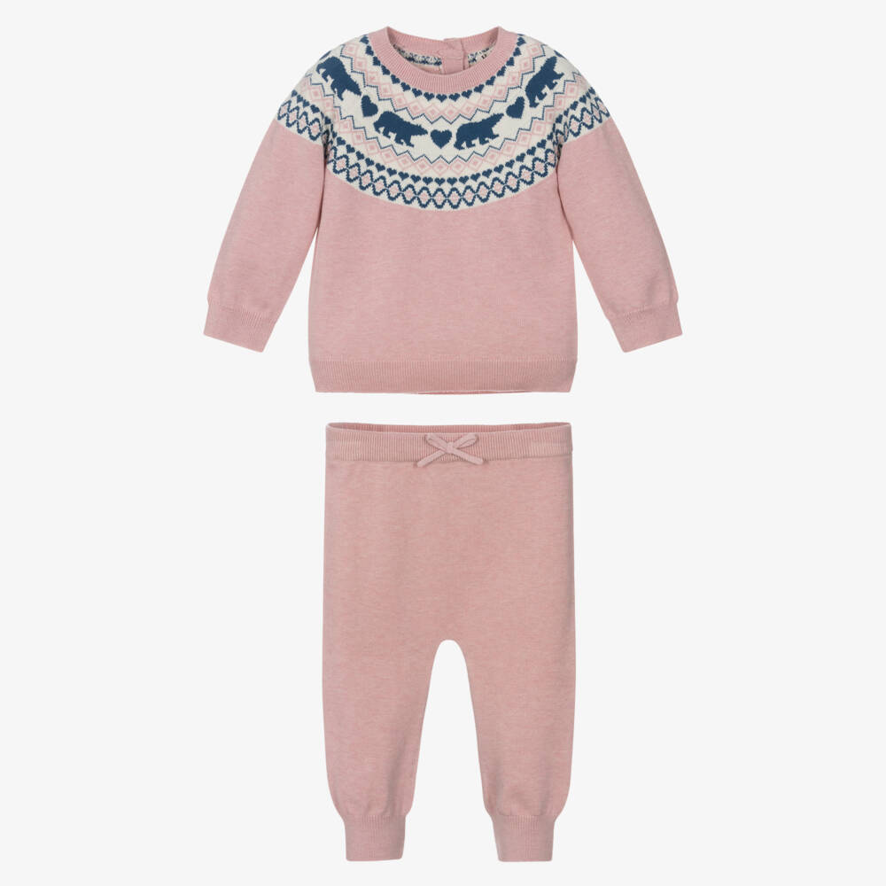 Hatley-Baby Girls Pink Cotton Knit Fair Isle Trouser Set | Childrensalon