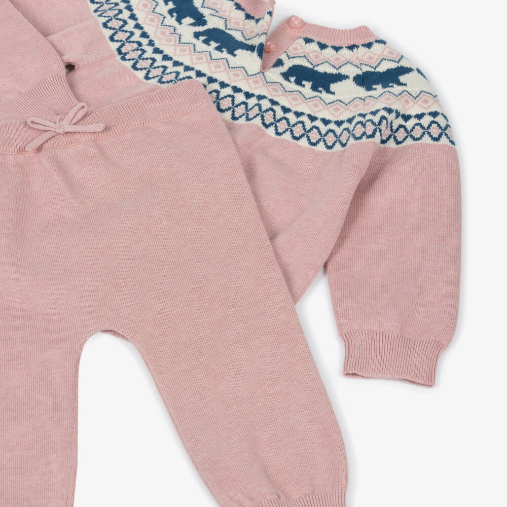 Hatley-Baby Girls Pink Cotton Knit Fair Isle Trouser Set | Childrensalon