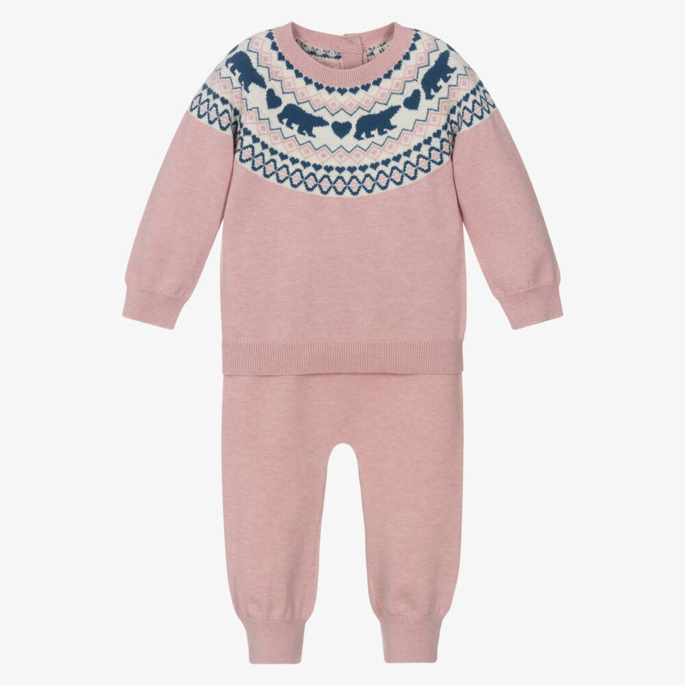 Hatley-Baby Girls Pink Cotton Knit Fair Isle Trouser Set | Childrensalon