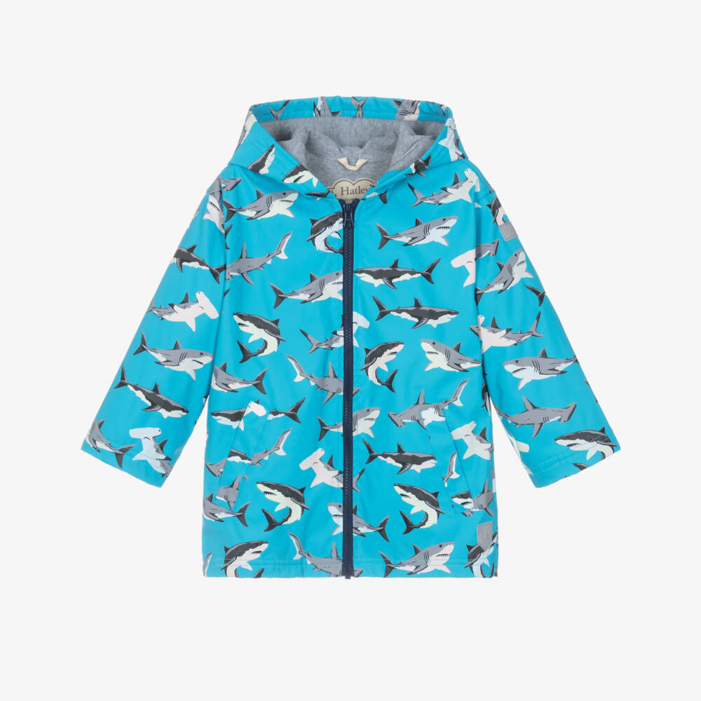 Hatley-Boys Aqua Blue Raincoat with Grey Shark Print | Childrensalon