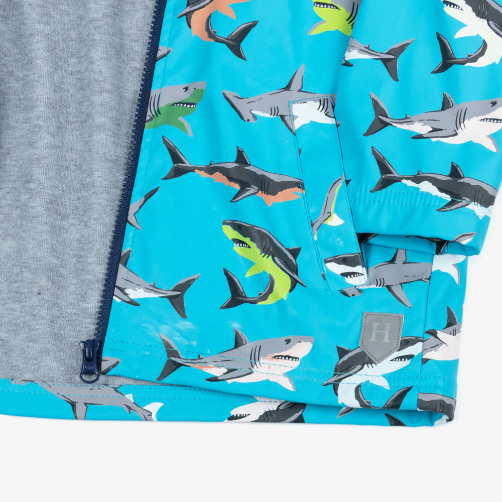 Hatley-Boys Aqua Blue Raincoat with Grey Shark Print | Childrensalon