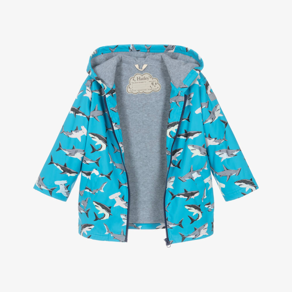 Hatley-Boys Aqua Blue Raincoat with Grey Shark Print | Childrensalon