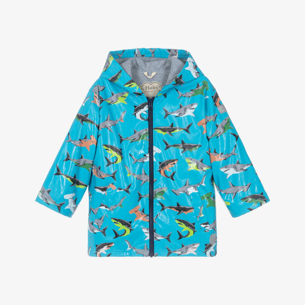 Hatley-Boys Aqua Blue Raincoat with Grey Shark Print | Childrensalon